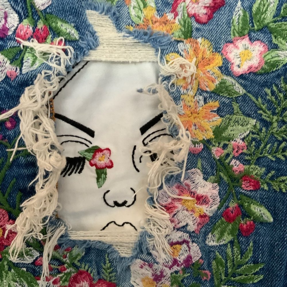 Zara Slim Boyfriend Moonflower Embroidered Jeans Face Portrait Distressed US 4